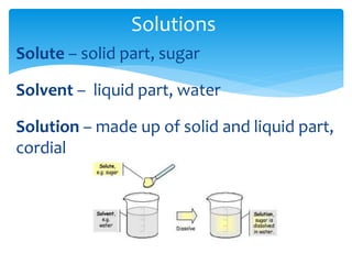 Solutions 
Solute – solid part, sugar 
Solvent – liquid part, water 
Solution – made up of solid and liquid part, 
cordial 
 