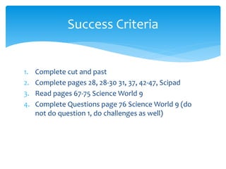 Success Criteria 
1. Complete cut and past 
2. Complete pages 28, 28-30 31, 37, 42-47, Scipad 
3. Read pages 67-75 Science World 9 
4. Complete Questions page 76 Science World 9 (do 
not do question 1, do challenges as well) 
