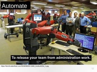 https://farm6.staticflickr.com/5538/9690512888_6cb8cd020d_h.jpg
Automate
12
To release your team from administration work.
 