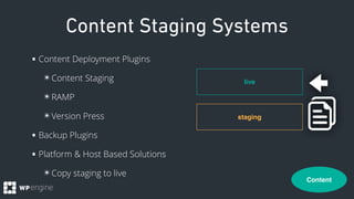Content Staging Systems
•Content Deployment Plugins
✴Content Staging
✴RAMP
✴Version Press
•Backup Plugins
•Platform & Host...