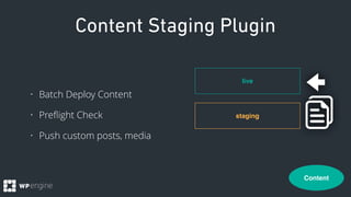 Content Staging Plugin
• Batch Deploy Content
• Preﬂight Check
• Push custom posts, media
Content
live
staging
 