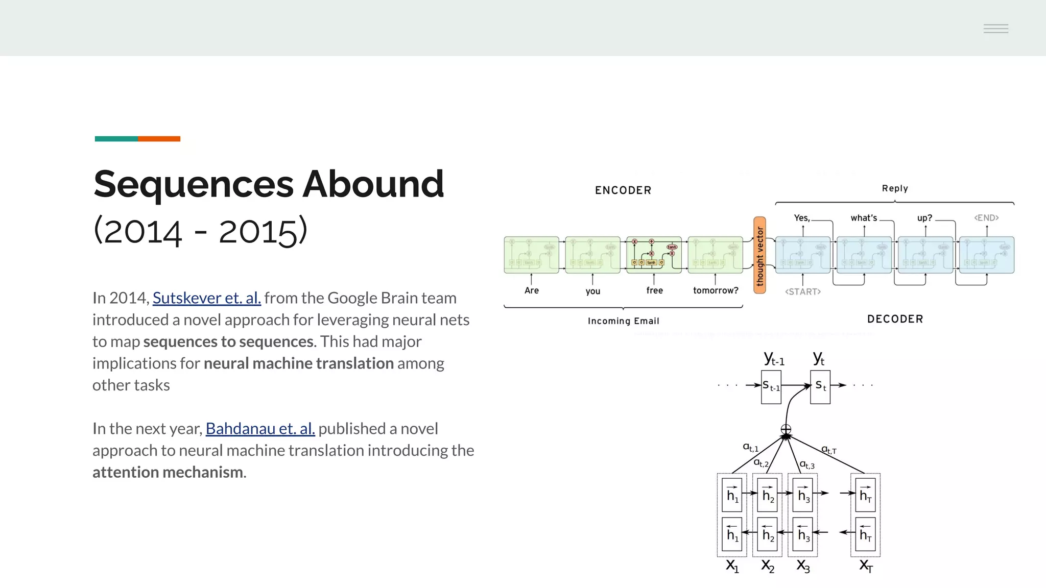 In 2014, Sutskever et. al. from the Google Brain team
introduced a novel approach for leveraging neural nets
to map sequences to sequences. This had major
implications for neural machine translation among
other tasks
In the next year, Bahdanau et. al. published a novel
approach to neural machine translation introducing the
attention mechanism.
Sequences Abound
(2014 - 2015)
 