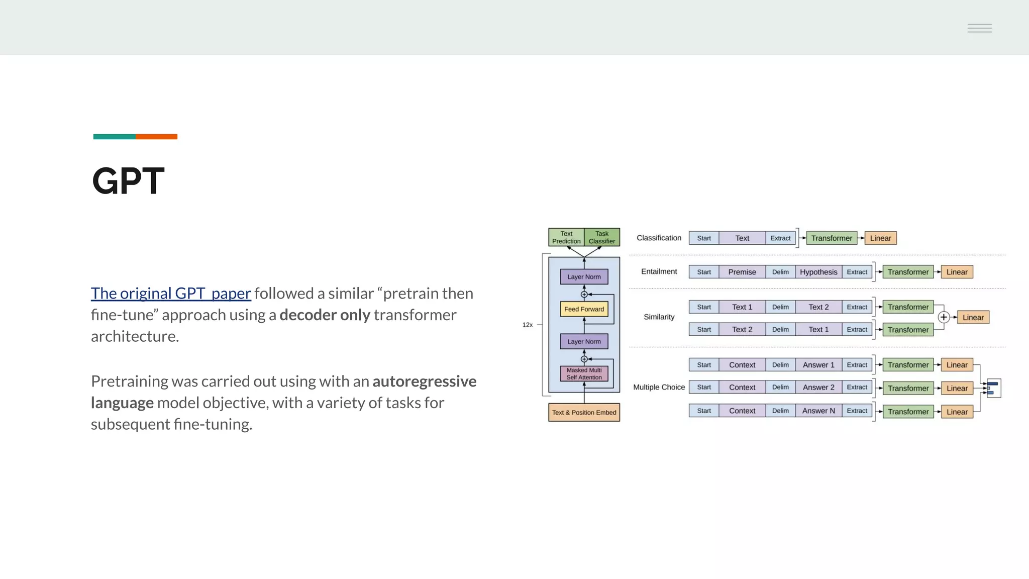 The original GPT paper followed a similar “pretrain then
ﬁne-tune” approach using a decoder only transformer
architecture.
Pretraining was carried out using with an autoregressive
language model objective, with a variety of tasks for
subsequent ﬁne-tuning.
GPT
 