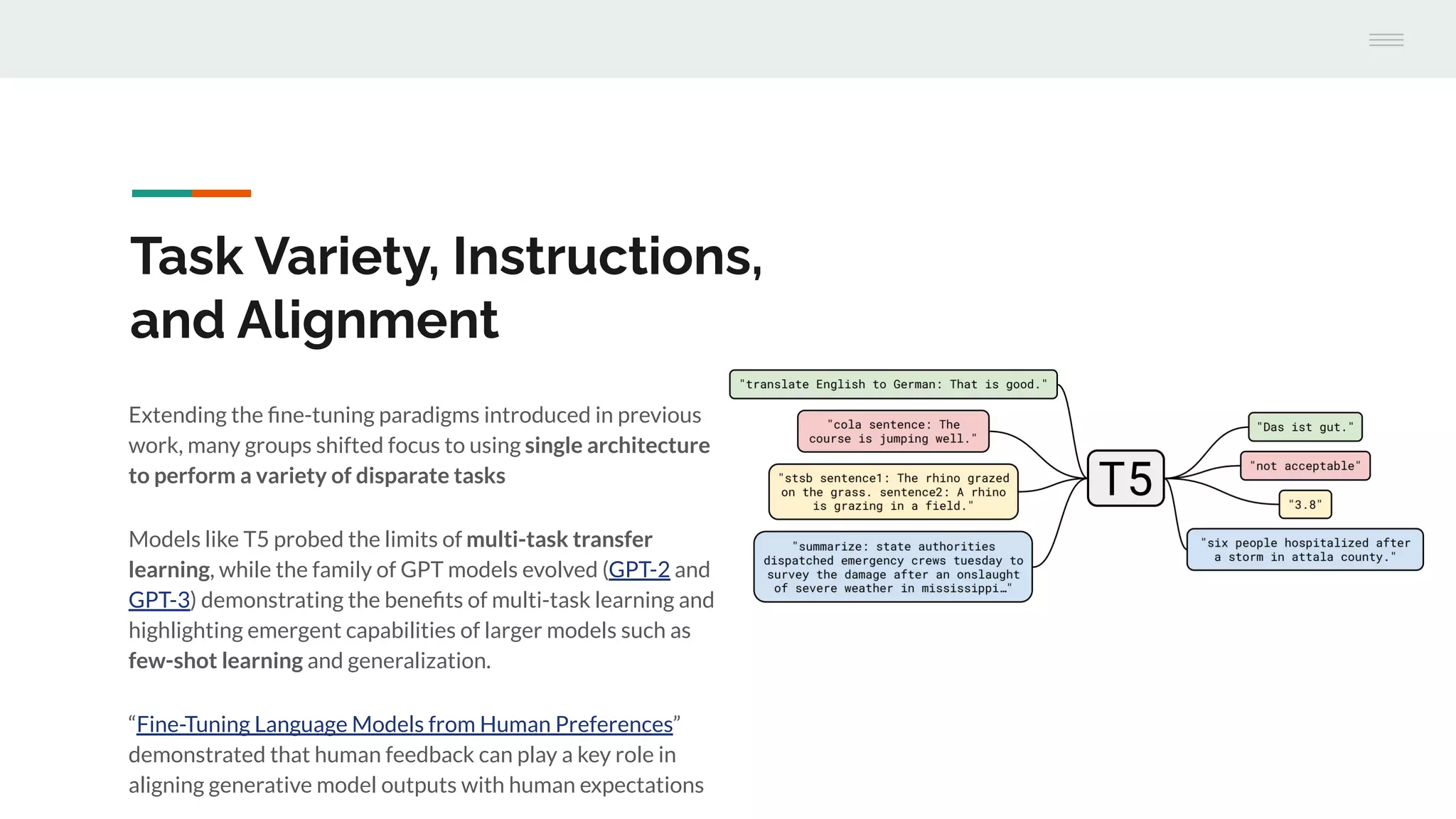 Extending the ﬁne-tuning paradigms introduced in previous
work, many groups shifted focus to using single architecture
to perform a variety of disparate tasks
Models like T5 probed the limits of multi-task transfer
learning, while the family of GPT models evolved (GPT-2 and
GPT-3) demonstrating the beneﬁts of multi-task learning and
highlighting emergent capabilities of larger models such as
few-shot learning and generalization.
“Fine-Tuning Language Models from Human Preferences”
demonstrated that human feedback can play a key role in
aligning generative model outputs with human expectations
Task Variety, Instructions,
and Alignment
 