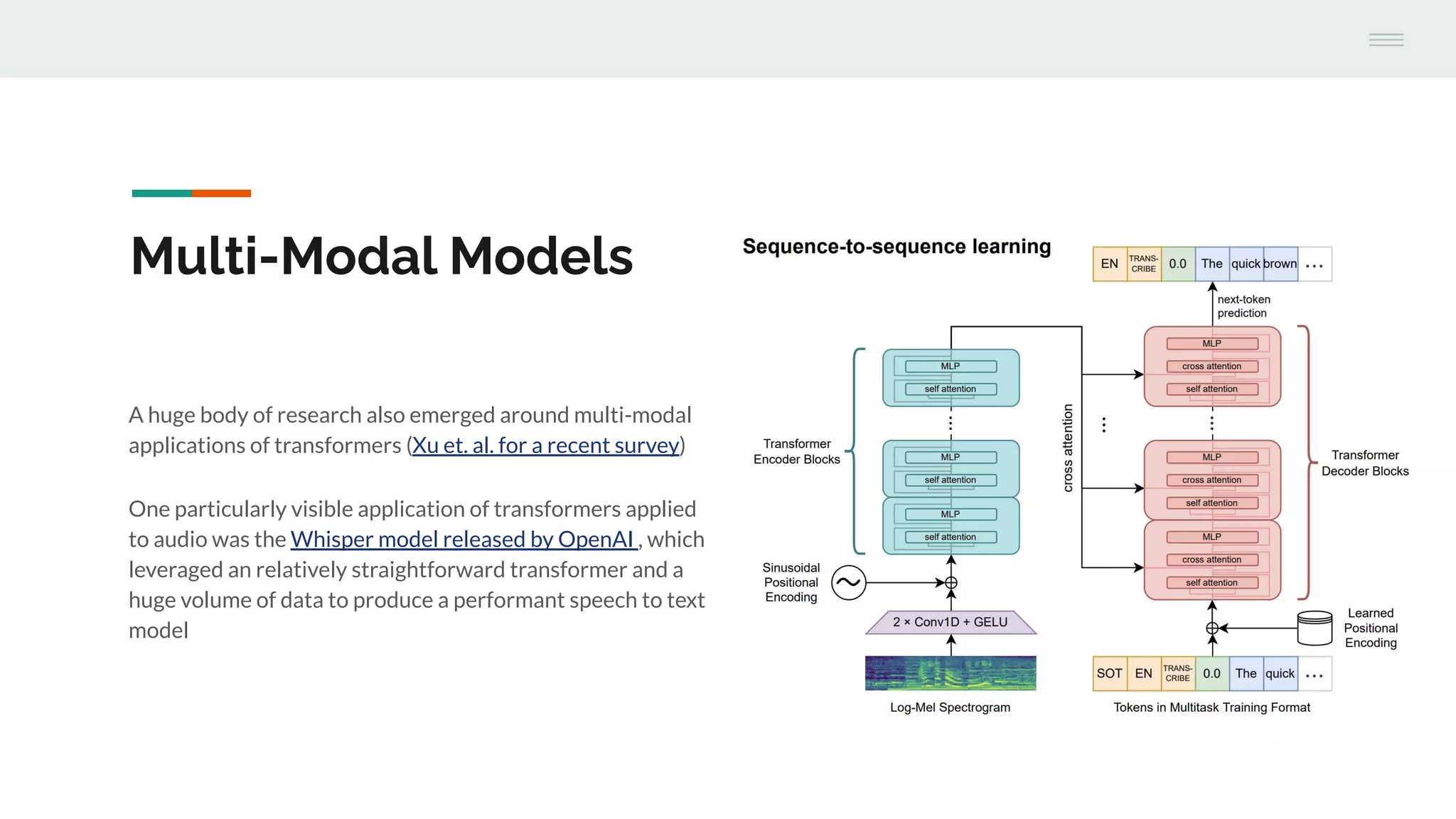 A huge body of research also emerged around multi-modal
applications of transformers (Xu et. al. for a recent survey)
One particularly visible application of transformers applied
to audio was the Whisper model released by OpenAI , which
leveraged an relatively straightforward transformer and a
huge volume of data to produce a performant speech to text
model
Multi-Modal Models
 