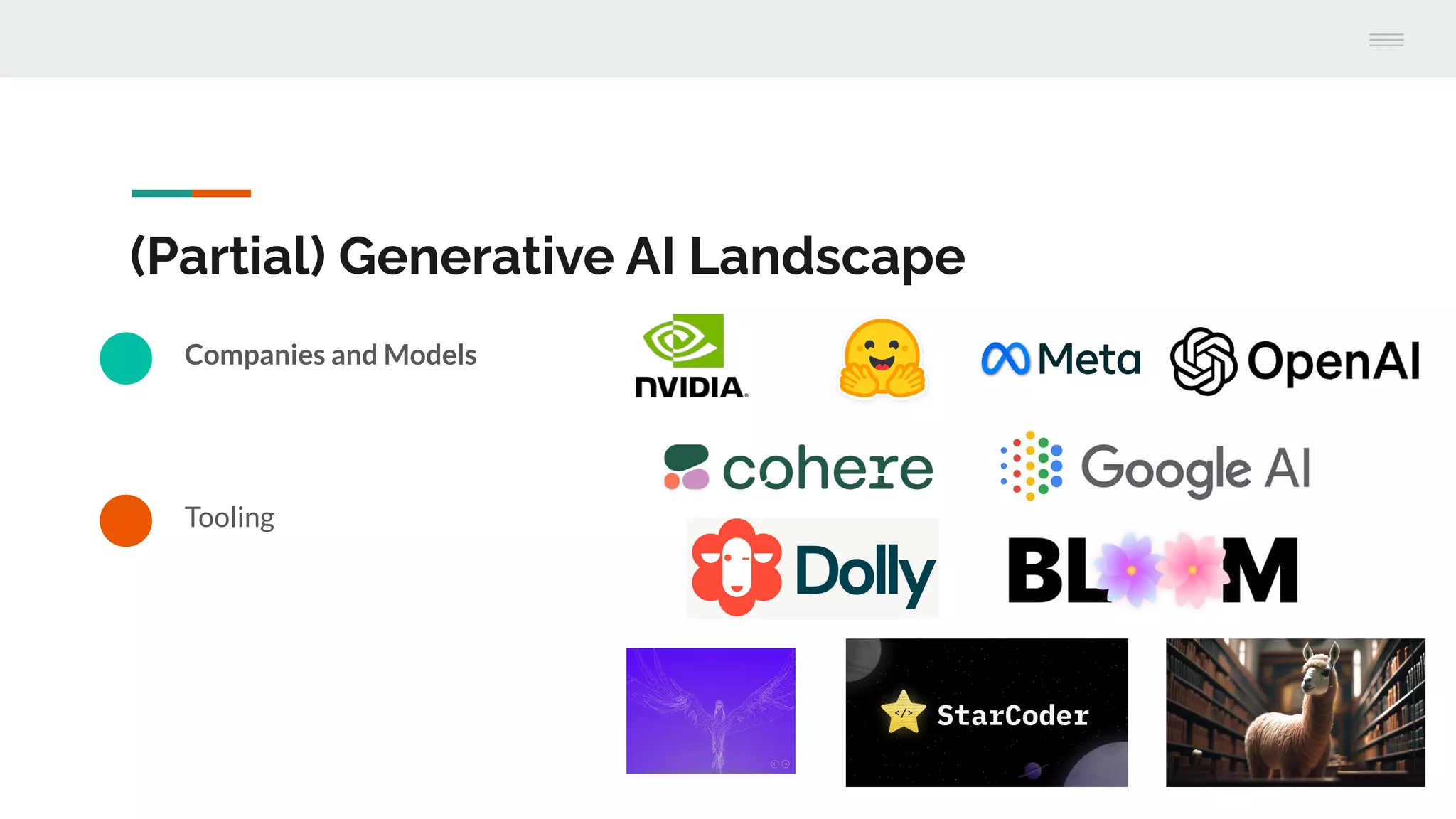 (Partial) Generative AI Landscape
Companies and Models
Tooling
 