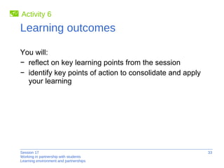 Learning outcomes You will: reflect on key learning points from the session identify key points of action to consolidate and apply  your learning Activity 6 