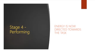 Stage 4 -
Performing
ENERGY IS NOW
DIRECTED TOWARDS
THE TASK