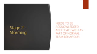 Stage 2 -
Storming
NEEDS TO BE
ACKNOWLEDGED
AND DEALT WITH AS
PART OF NORMAL
TEAM BEHAVIOUR.