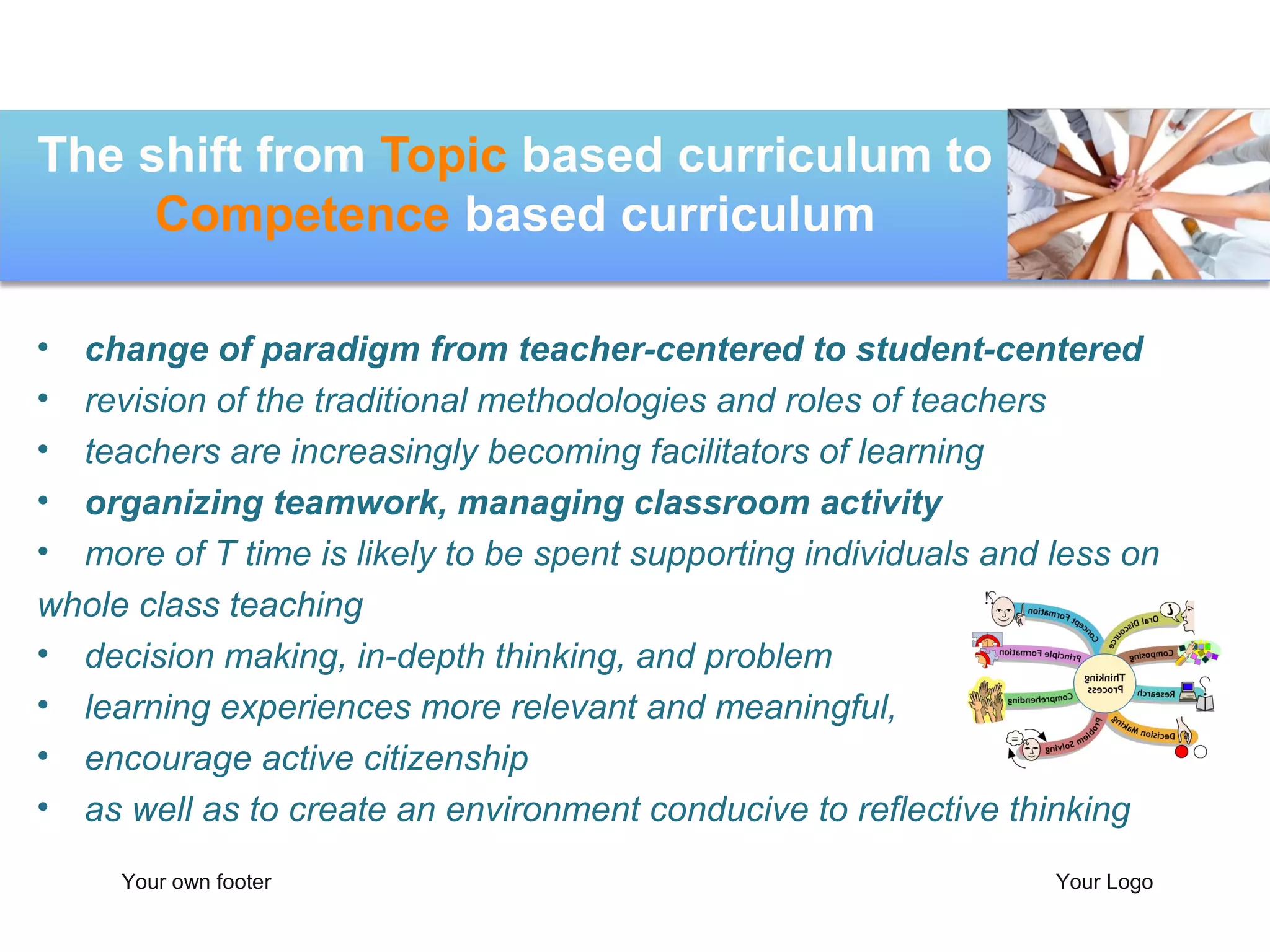 The shift from Topic based curriculum to
     Competence based curriculum

• change of paradigm from teacher-centered to student-centered
• revision of the traditional methodologies and roles of teachers
• teachers are increasingly becoming facilitators of learning
• organizing teamwork, managing classroom activity
• more of T time is likely to be spent supporting individuals and less on
whole class teaching
• decision making, in-depth thinking, and problem
• learning experiences more relevant and meaningful,
• encourage active citizenship
• as well as to create an environment conducive to reflective thinking
     Your own footer                                              Your Logo
 