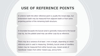 USE OF REFERENCE POINTS
In anterior teeth the other reference point is usually the incisal edge, but
brokendown teeth may be measured from adjacent teeth or from some
projecting portion of the remaining tooth structure.
In bicanaled bicuspids the buccal canal is generally measured to the buccal
cusp tip, but the palatal canal may use either cusp tip as reference.
There may be a variance of at least 1 mm in length, depending on which
reference point is used in measuring. Similarly, buccal canals of maxillary
molars may be measured from either buccal cusp, mesial canals of
mandibular molars from either mesial cusp, and so forth.
 
