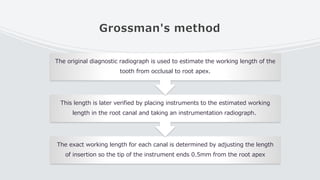 Grossman's method
The exact working length for each canal is determined by adjusting the length
of insertion so the tip of the instrument ends 0.5mm from the root apex
This length is later verified by placing instruments to the estimated working
length in the root canal and taking an instrumentation radiograph.
The original diagnostic radiograph is used to estimate the working length of the
tooth from occlusal to root apex.
 