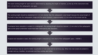 SLOB technique may be used for better visualization of root canal and its terminus esp. When two root canals are present in
a single root e.g. maxillary 1st premolar and they overlap each other.
If apical root resorption is seen, the working length is reduced to 2 mm short of the radiographic apex .( WEINE )
If periapical bone resorption is evident in a radiograph, the working length should be reduced 1.5 mm short of the radiographic
apex as the apical constriction would have been destroyed by the resorption.
The working length should be established 0.5–1.0 mm shorter than the radiographic canal length because the actual length of
the tooth is less than the radiographic image and the apical foramen is approximately 0.3 mm short of the actual root tip.
The exact working length for each canal is determined by adjusting the length of insertion, so the tip of the instrument ends
0.5–1.0 mm from the radiographic root apex.
 