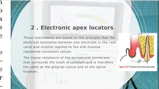 2 . Electronic apex locators
These instruments are based on the principle that the
electrical resistance between one electrode in the root
canal and another applied to the oral mucosa
registered consistent values.
The tissue resistance of the periodontal membrane
that surrounds the tooth is constant and is therefore
the same at the gingival sulcus and at the apical
foramen.
 