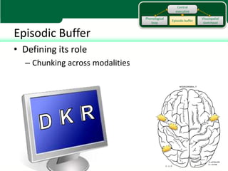 Central
                                                  executive

                                 Phonological                     Visuospatial
                                                Episodic buffer
                                    loop                           sketchpad


Episodic Buffer
• Defining its role
  – Chunking across modalities
 