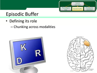 Central
                                                  executive

                                 Phonological                     Visuospatial
                                                Episodic buffer
                                    loop                           sketchpad


Episodic Buffer
• Defining its role
  – Chunking across modalities
 