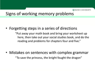 Signs of working memory problems


• Forgetting steps in a series of directions
     “Put away your math book and bring your worksheet up
       here, then take out your social studies book, and do the
       reading and problems for chapters four and five.”


• Mistakes on sentences with complex grammar
     “To save the princess, the knight fought the dragon”
 