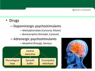 • Drugs
    – Dopaminergic psychostimulants
               – Methylphenidate (Concerta, Ritalin)
               – Bromocriptine (Parlodel, Cycloset)
    – Adrenergic psychostimulants
               – Modafinil (Provigil, Alertec)

                    Central
                   executive

Phonological        Episodic       Visuospatial
   loop              buffer         sketchpad
 