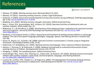 References
• Alloway, T.P. (2008). Working memory tests. Retrieved March 22, 2011.
• Alloway, T.P. (2011). Improving working memory. London: Sage Publications.
• Anderson, P. (2003). Assessment and development of executive function during childhood. Child Neuropsychology
  (8), 71-82. doi:10.1076/chin.8.2.71.8724.
• Baddeley, A.D. (2007). Working memory, thought, and action. Oxford University Press.
• Beer, J., Pisoni, D.B., Kronenberger, W.G., & Geers, A.E. (2010). Executive functions of adolescents who use
  cochlear implants. ASHA Leader, Dec. 21.
• Blakemore, S.-J. & Choudhury, S. (2006). Development of the adolescent brain: implications for executive function
  and social cognition. Journal of Child Psychology and Psychiatry (47) 296-312. doi:10.1111/j.1469-
  7610.2006.01611.x.
• Boudreau, D. & Costanza-Smith, A. (2011). Assessment and treatment of working memory deficits in school-age
  children: The role of the speech-language pathologist. Language, Speech, and Hearing Services in Schools (42),
  152-166.
• Garon, N., Bryson, S.E., & Smith, I.M. (2008). Executive function in preschoolers: A review using an integrative
  framework. Psychological Bulletin (134), 31-60.
• Gathercole, S.E. & Baddeley, A.D. (1993). Working memory and language. Hove: Lawrence Erlbaum Associates.
• Holmes, J., Dunning, D., & Gathercole, S. (2009). Adaptive training leads to sustained enhancement of poor
  working memory in children. Developmental Science, (12), F9-F15.
• Klingberg, T. (2009). The overflowing brain. Oxford University Press.
• Kronenberger, W.G., Pisoni, D.B., Henning, S.C., Colson, B.G., & Hazzard, L.M. (2010). Working memory training for
  children with cochlear implants: a pilot study. Journal of Speech, Language, and Hearing Research.
  doi:10.1044/1092-4388(2010/10-0119).
• Luciana, M., Conklin, H.M., Hooper, C.J., & Yarger, R.S. (2005). The development of nonverbal working memory
  and executive control processes in adolescents. Child Development (76) 697-712. doi:10.1111/j.1467-
  8624.2005.00872.x.
 