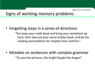 Signs of working memory problems


• Forgetting steps in a series of directions
     “Put away your math book and bring yo...