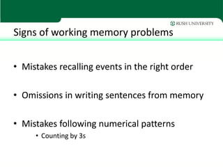 Signs of working memory problems


• Mistakes recalling events in the right order

• Omissions in writing sentences from m...