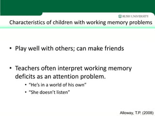 Characteristics of children with working memory problems



• Play well with others; can make friends

• Teachers often in...