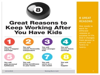 One needs to
work for
different
reasons or
purpose in life.
And it changes
from person to
person and
family to
family.
8 GREAT
REASONS
12-11-2015 Working Mom's Guilt 7
 