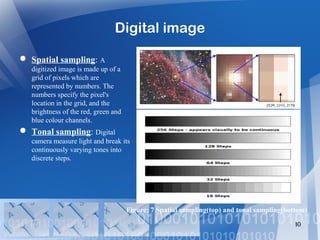 Digital image
 Spatial sampling: A
digitized image is made up of a
grid of pixels which are
represented by numbers. The
numbers specify the pixel's
location in the grid, and the
brightness of the red, green and
blue colour channels.
 Tonal sampling: Digital
camera measure light and break its
continuously varying tones into
discrete steps.
10
Figure: 7 Spatial sampling(top) and tonal sampling(bottom)
 