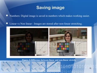 Numbers: Digital image is saved in numbers which makes working easier.
 Linear vs Non linear : Images are stored after non-linear stretching.
11
Saving image
Figure: 8 Difference between linear and non-linear stretch.
 