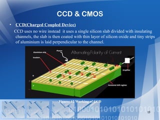CCD & CMOS
• CCD(Charged Coupled Device)
CCD uses no wire instead it uses a single silicon slab divided with insulating
channels, the slab is then coated with thin layer of silicon oxide and tiny strips
of aluminium is laid perpendicular to the channel.
15
Figure: 12 Working of CCD
 