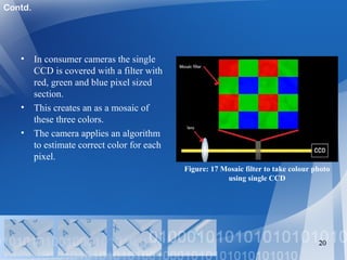 • In consumer cameras the single
CCD is covered with a filter with
red, green and blue pixel sized
section.
• This creates an as a mosaic of
these three colors.
• The camera applies an algorithm
to estimate correct color for each
pixel.
20
Figure: 17 Mosaic filter to take colour photo
using single CCD
Contd.
 