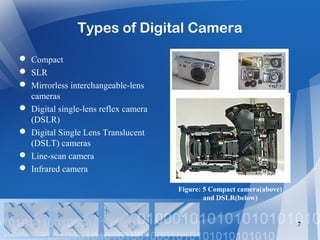 Types of Digital Camera
 Compact
 SLR
 Mirrorless interchangeable-lens
cameras
 Digital single-lens reflex camera
(DSLR)
 Digital Single Lens Translucent
(DSLT) cameras
 Line-scan camera
 Infrared camera
7
Figure: 5 Compact camera(above)
and DSLR(below)
Source: www.Wikipedia.com
 