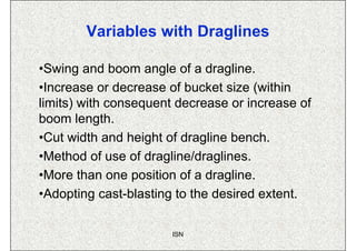 Variables with Draglines

•Swing and boom angle of a dragline.
•Increase or decrease of bucket size (within
limits) with c...
