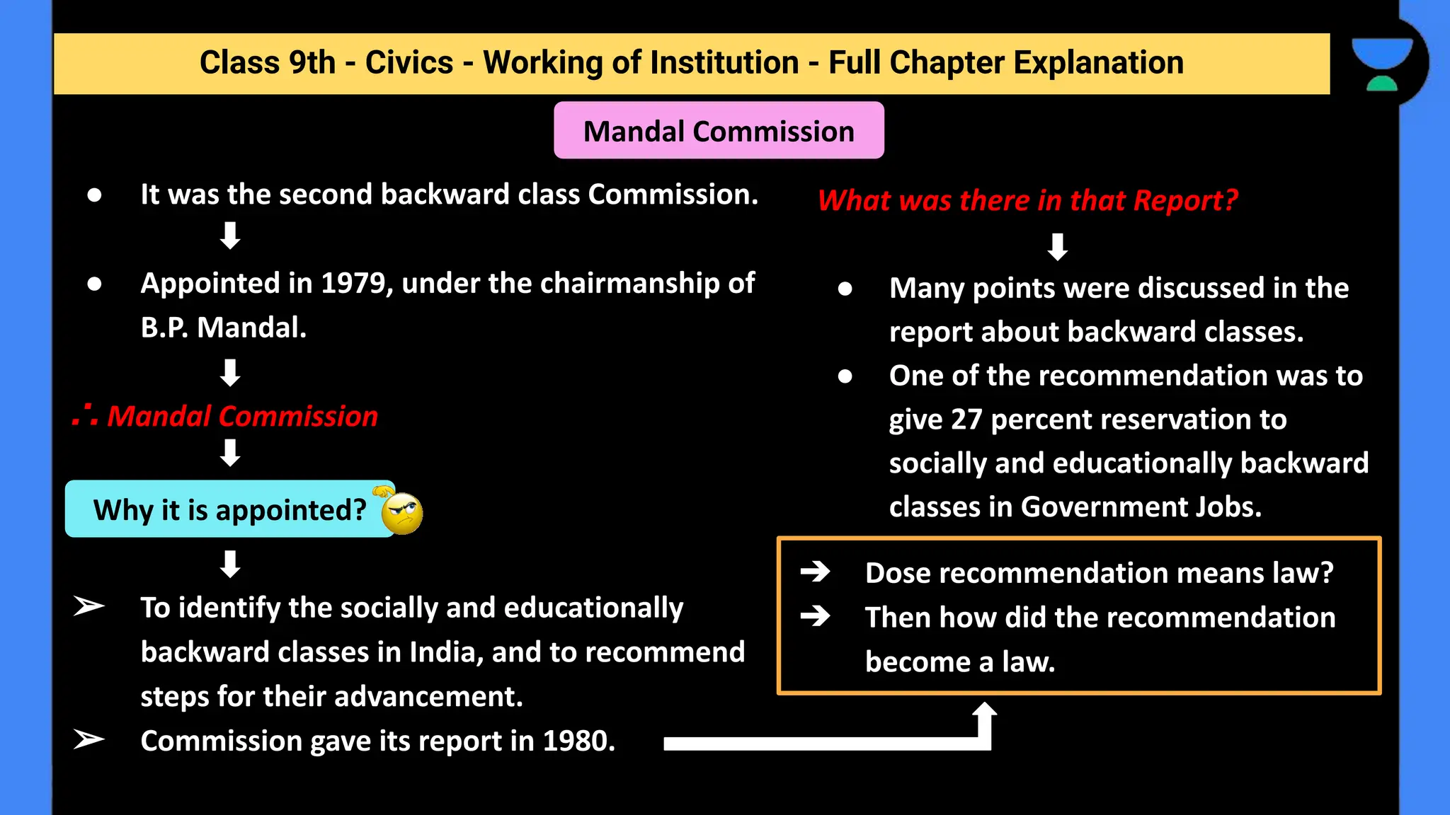 Class 9th - Civics - Working of Institution - Full Chapter Explanation
Mandal Commission
● It was the second backward class Commission.
● Appointed in 1979, under the chairmanship of
B.P. Mandal.
∴ Mandal Commission
➢ To identify the socially and educationally
backward classes in India, and to recommend
steps for their advancement.
➢ Commission gave its report in 1980.
Why it is appointed?
What was there in that Report?
● Many points were discussed in the
report about backward classes.
● One of the recommendation was to
give 27 percent reservation to
socially and educationally backward
classes in Government Jobs.
➔ Dose recommendation means law?
➔ Then how did the recommendation
become a law.
 