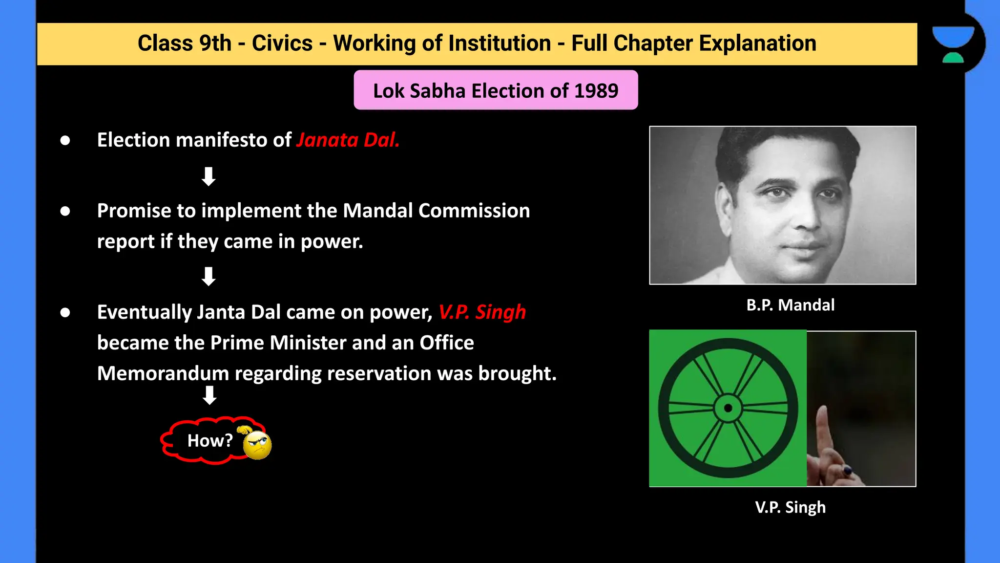 Class 9th - Civics - Working of Institution - Full Chapter Explanation
Lok Sabha Election of 1989
● Election manifesto of Janata Dal.
● Promise to implement the Mandal Commission
report if they came in power.
● Eventually Janta Dal came on power, V.P. Singh
became the Prime Minister and an Office
Memorandum regarding reservation was brought.
B.P. Mandal
V.P. Singh
How?
 