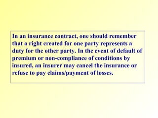 In an insurance contract, one should remember that a right created for one party represents a duty for the other party. In the event of default of premium or non-compliance of conditions by insured, an insurer may cancel the insurance or refuse to pay claims/payment of losses.   