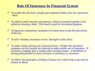 Role Of Insurance In Financial System It accepts the risk from  people and corporate bodies who are exposed to  them. It collects small amounts of premium, which are pooled together to be  called an insurance fund . This fund is used for investment purpose. It organizes compulsory insurance in certain areas as per the provisions of the law. It sells voluntary insurance covers  through its sales force . It settles claims arising out of insured losses . Neither the insurance company nor the insured are allowed to make profits out of insurance . If insurance company gets a surplus after meeting claims , it distributes it among policyholders in form of bonus or reduction in  premium It follows the principles of Indian Contract Act which help to prevent its misuse or abuse. 