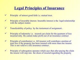 Legal Principles of Insurance   Principle  of utmost good faith i.e. mutual trust. Principle of insurable interest. Insurable interest is the  legal relationship with the subject matter.  Transferability of policy  by the instrument of assignment . Principle of indemnity i.e.  insured can claim for the quantum of loss incurred only. He cannot make profit out of an insurance contract  Principle of contribution i.e. All insurers will contribute a portion of total loss if the property has been insured with more than one insurer. This is not valid to a life insurance contract . Principle of subrogation operates which says that after paying the claim the insurer will step into  the shoes of insured regarding the property  