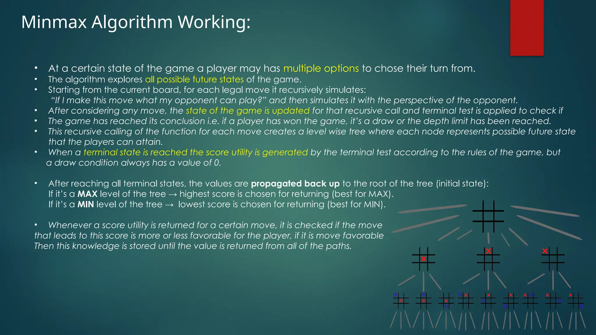 Minmax Algorithm Working:
• At a certain state of the game a player may has multiple options to chose their turn from.
• The algorithm explores all possible future states of the game.
• Starting from the current board, for each legal move it recursively simulates:
“If I make this move what my opponent can play?” and then simulates it with the perspective of the opponent.
• After considering any move, the state of the game is updated for that recursive call and terminal test is applied to check if
• The game has reached its conclusion i.e. if a player has won the game, it’s a draw or the depth limit has been reached.
• This recursive calling of the function for each move creates a level wise tree where each node represents possible future state
that the players can attain.
• When a terminal state is reached the score utility is generated by the terminal test according to the rules of the game, but
a draw condition always has a value of 0.
• After reaching all terminal states, the values are propagated back up to the root of the tree (initial state):
If it’s a MAX level of the tree → highest score is chosen for returning (best for MAX).
If it’s a MIN level of the tree → lowest score is chosen for returning (best for MIN).
• Whenever a score utility is returned for a certain move, it is checked if the move
that leads to this score is more or less favorable for the player, if it is move favorable
Then this knowledge is stored until the value is returned from all of the paths.
 