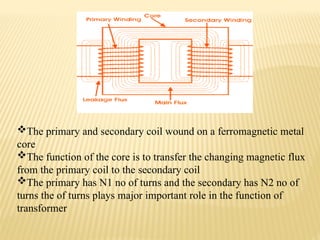 The primary and secondary coil wound on a ferromagnetic metal
core
The function of the core is to transfer the changing magnetic flux
from the primary coil to the secondary coil
The primary has N1 no of turns and the secondary has N2 no of
turns the of turns plays major important role in the function of
transformer
 