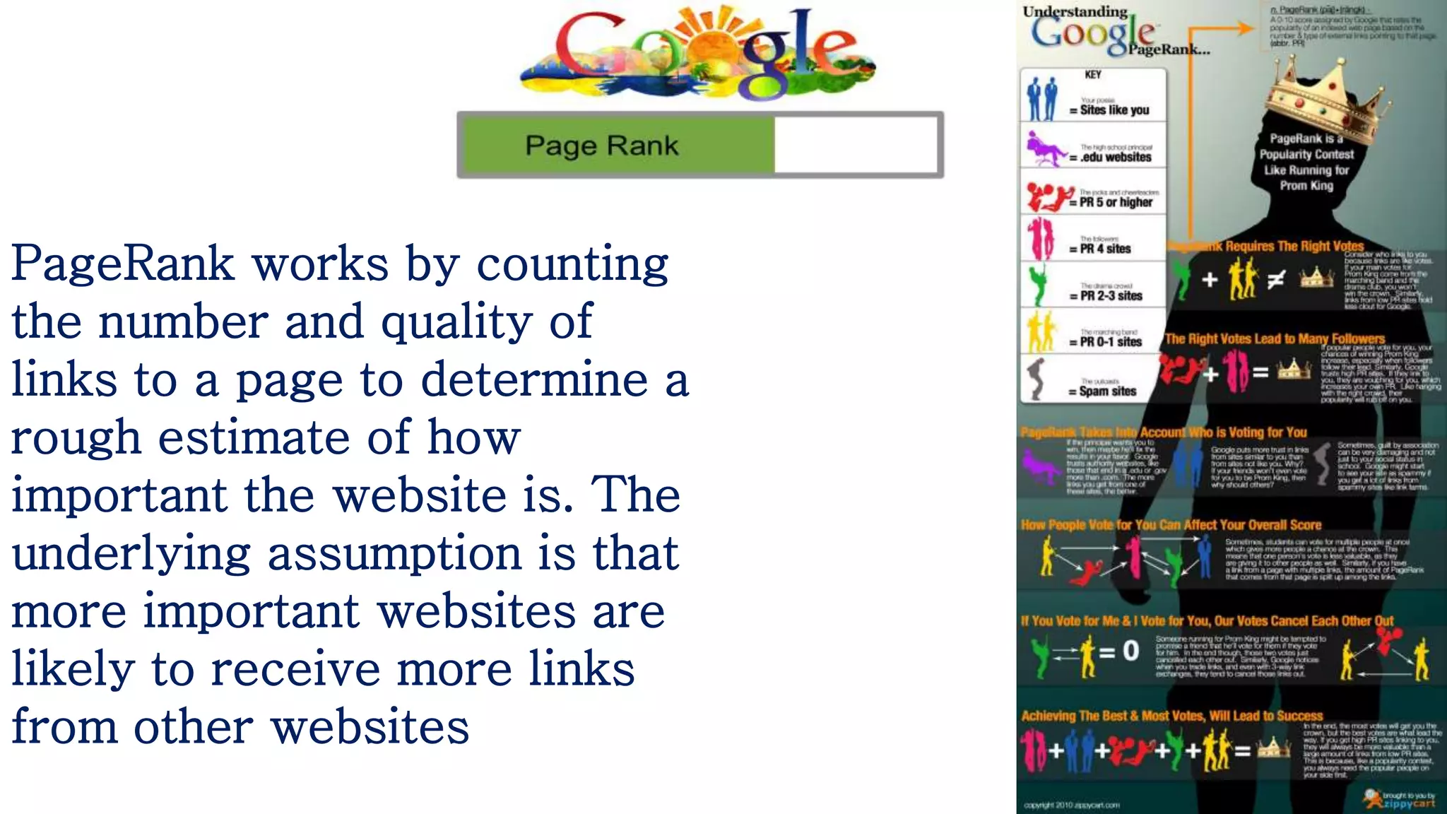 PageRank works by counting
the number and quality of
links to a page to determine a
rough estimate of how
important the website is. The
underlying assumption is that
more important websites are
likely to receive more links
from other websites
 