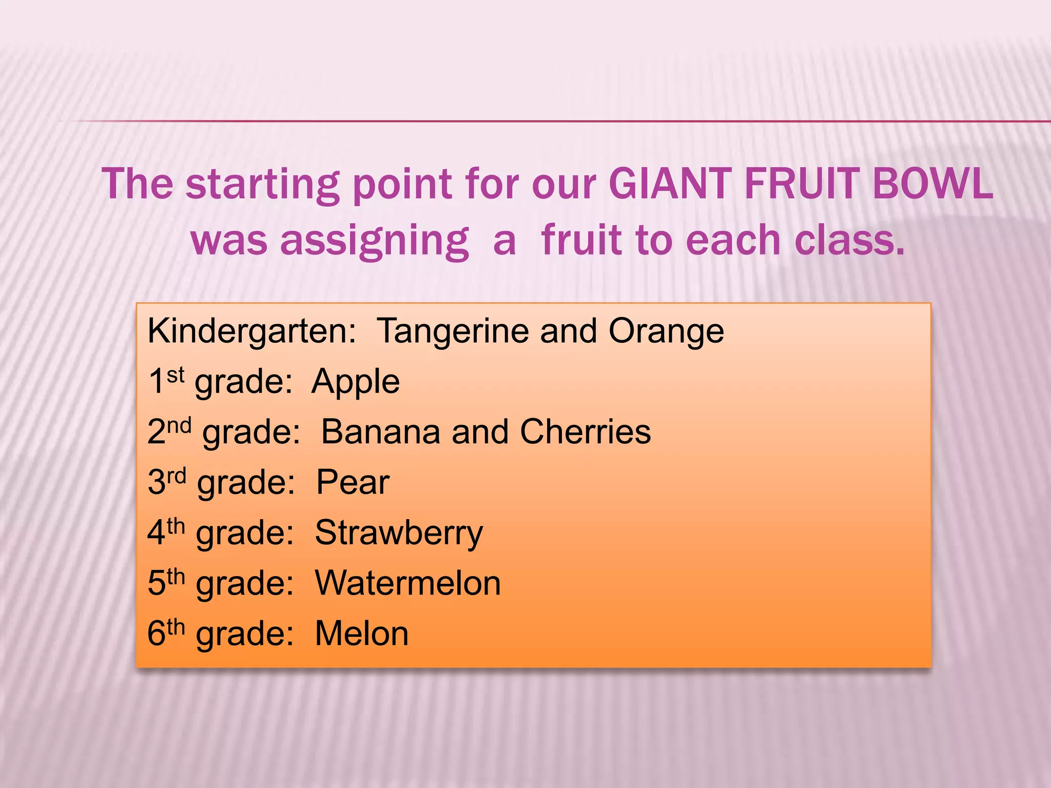 The starting point for our GIANT FRUIT BOWL
    was assigning a fruit to each class.
  Kindergarten: Tangerine and Orange
  1st grade: Apple
  2nd grade: Banana and Cherries
  3rd grade: Pear
  4th grade: Strawberry
  5th grade: Watermelon
  6th grade: Melon
 