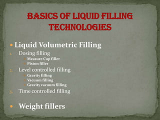  Liquid Volumetric Filling
1.   Dosing filling
        Measure Cup filler
        Piston filler

2.   Level controlled filling
        Gravity filling
        Vacuum filling
        Gravity vacuum filling

3.   Time controlled filling

 Weight fillers
 