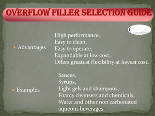 High performance,
               Easy to clean,
 Advantages   Easy to operate,
               Expandable at low cost,
               Offers greatest flexibility at lowest cost.

                Sauces,
                Syrups,
 Examples      Light gels and shampoos,
                Foamy cleansers and chemicals,
                Water and other non carbonated
                aqueous beverages.
 