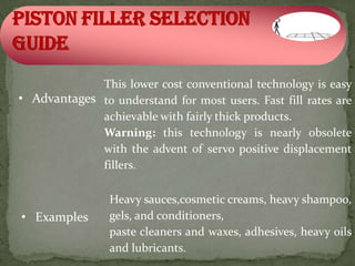This lower cost conventional technology is easy
• Advantages to understand for most users. Fast fill rates are
             achievable with fairly thick products.
             Warning: this technology is nearly obsolete
             with the advent of servo positive displacement
             fillers.

                Heavy sauces,cosmetic creams, heavy shampoo,
• Examples      gels, and conditioners,
                paste cleaners and waxes, adhesives, heavy oils
                and lubricants.
 