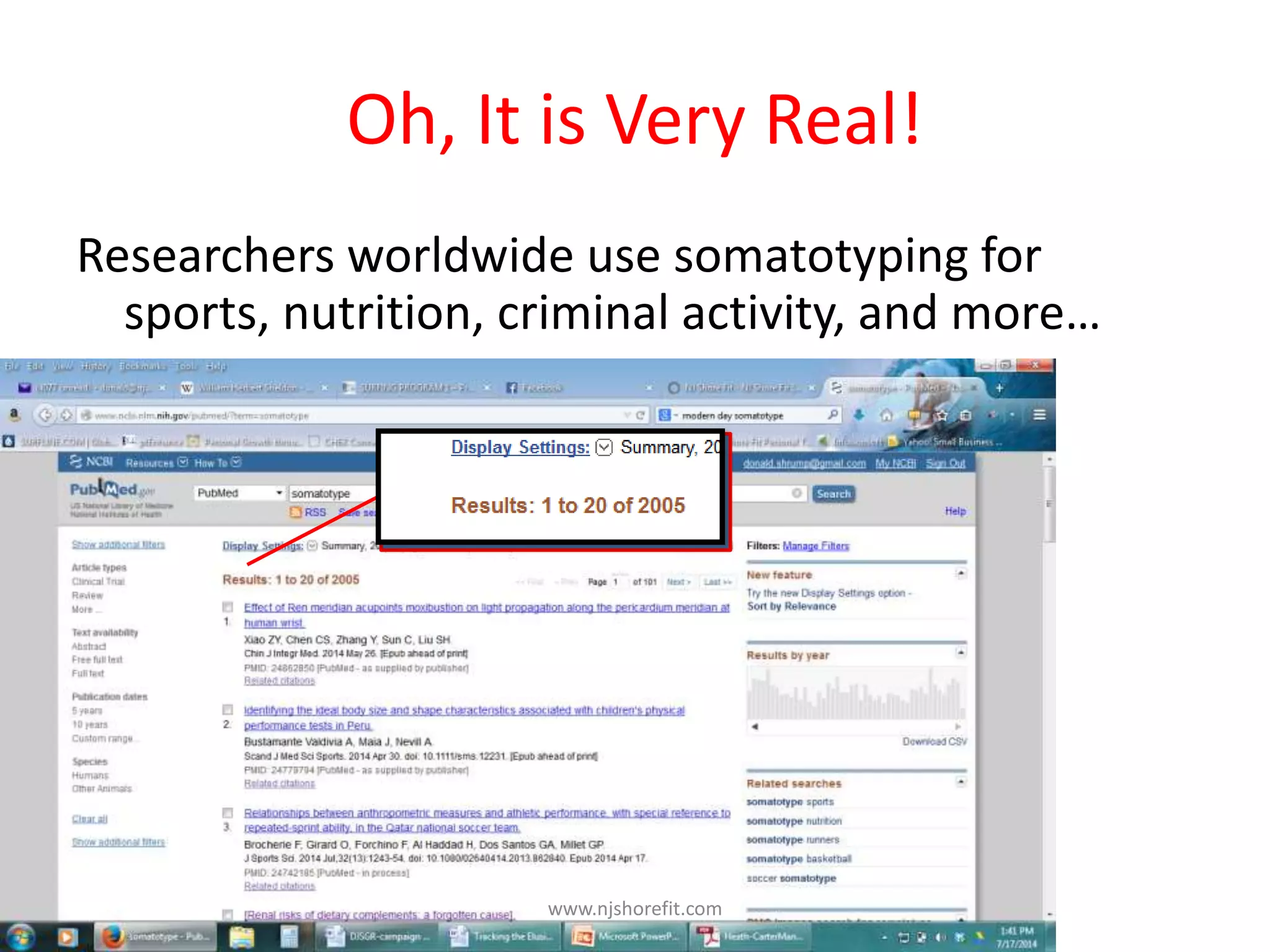 Oh, It is Very Real!
Researchers worldwide use somatotyping for
sports, nutrition, criminal activity, and more…
www.njshorefit.com
 