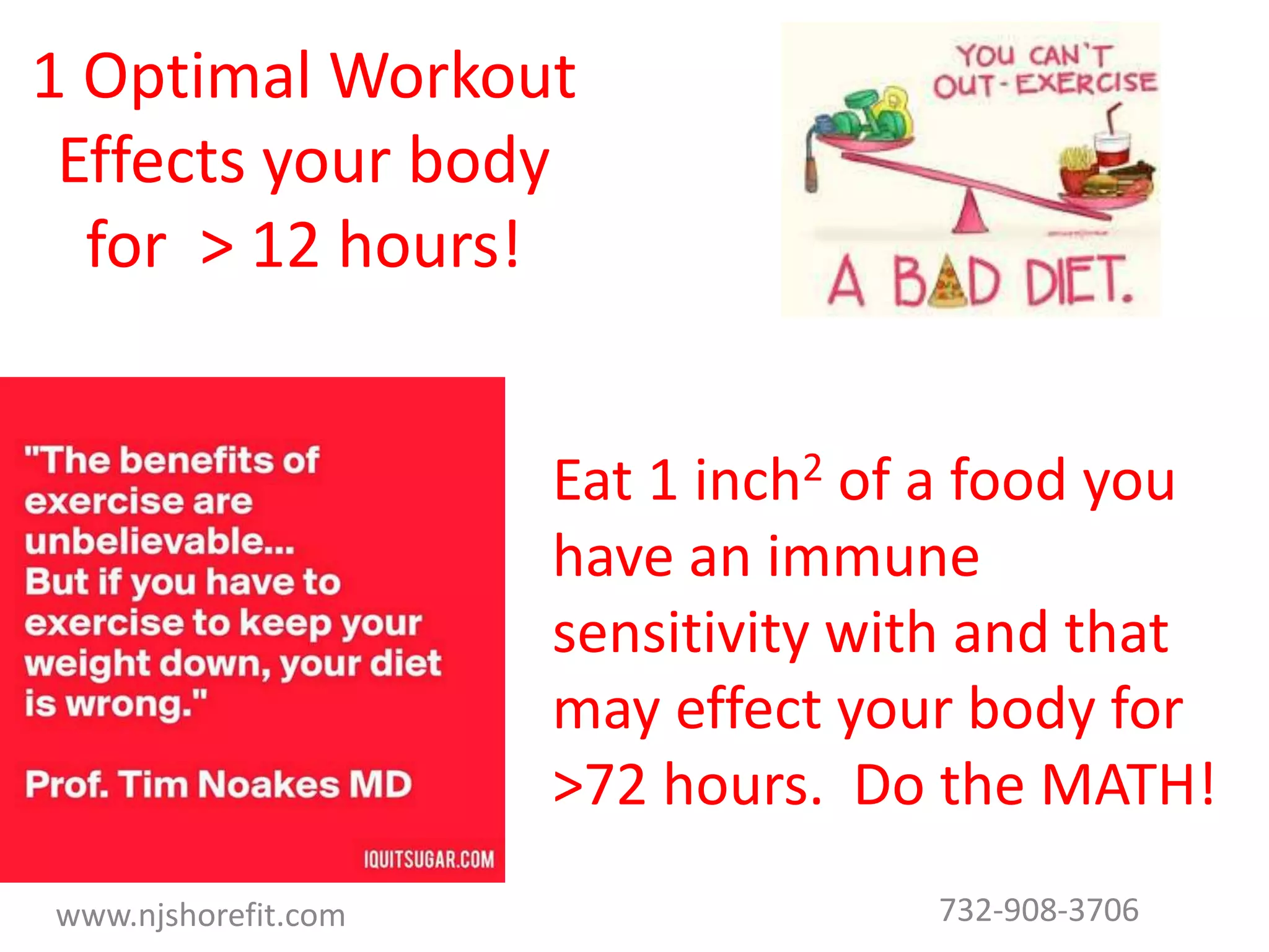1 Optimal Workout
Effects your body
for > 12 hours!
www.njshorefit.com
Eat 1 inch2 of a food you
have an immune
sensitivity with and that
may effect your body for
>72 hours. Do the MATH!
732-908-3706
 