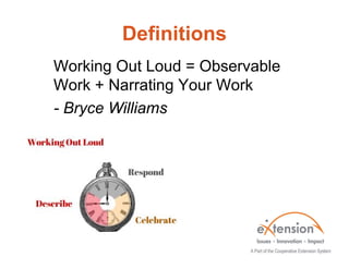 Definitions
Working Out Loud = Observable
Work + Narrating Your Work
- Bryce Williams
 