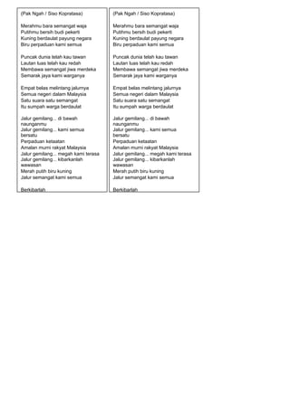 (Pak Ngah / Siso Kopratasa)

(Pak Ngah / Siso Kopratasa)

Merahmu bara semangat waja
Putihmu bersih budi pekerti
Kuning berdaulat payung negara
Biru perpaduan kami semua

Merahmu bara semangat waja
Putihmu bersih budi pekerti
Kuning berdaulat payung negara
Biru perpaduan kami semua

Puncak dunia telah kau tawan
Lautan luas telah kau redah
Membawa semangat jiwa merdeka
Semarak jaya kami warganya

Puncak dunia telah kau tawan
Lautan luas telah kau redah
Membawa semangat jiwa merdeka
Semarak jaya kami warganya

Empat belas melintang jalurnya
Semua negeri dalam Malaysia
Satu suara satu semangat
Itu sumpah warga berdaulat

Empat belas melintang jalurnya
Semua negeri dalam Malaysia
Satu suara satu semangat
Itu sumpah warga berdaulat

Jalur gemilang... di bawah
naunganmu
Jalur gemilang... kami semua
bersatu
Perpaduan ketaatan
Amalan murni rakyat Malaysia
Jalur gemilang... megah kami terasa
Jalur gemilang... kibarkanlah
wawasan
Merah putih biru kuning
Jalur semangat kami semua

Jalur gemilang... di bawah
naunganmu
Jalur gemilang... kami semua
bersatu
Perpaduan ketaatan
Amalan murni rakyat Malaysia
Jalur gemilang... megah kami terasa
Jalur gemilang... kibarkanlah
wawasan
Merah putih biru kuning
Jalur semangat kami semua

Berkibarlah

Berkibarlah

 