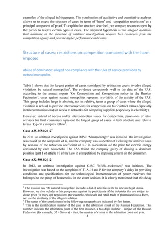 8
examples of the alleged infringements. The combination of qualitative and quantitative analyses
allows us to assess the structure of cases in terms of „harm‟ and „competition restriction‟ as a
principal component of proof. To explain the structure described, we compare resources spent by
the parties to resolve certain types of cases. The empirical hypothesis is that alleged violations
that dominate in the structure of antitrust investigations require less resources from the
competition agency and provide higher performance indicators.
Structure of cases: restrictions on competition compared with the harm
imposed
Abuse of dominance: alleged non-compliance with the rules of service provisions by
natural monopolies
Table 1 shows that the largest portion of cases considered by arbitration courts involve alleged
violations by natural monopolies4
. The evidence corresponds well to the data of the FAS;
according to the annual reports „On Competition and Competition policy in the Russian
Federation‟, cases against natural monopolies represent two-thirds of the activity of the FAS.
This group includes large in absolute, not in relative, terms a group of cases where the alleged
violation is refusal to provide interconnections for competitors on fair contract terms (especially
in telecommunications) or access to networks for competing suppliers (especially in electricity).
However, instead of access and/or interconnection issues for competitors, provisions of retail
services for final consumers represent the largest group of cases in both absolute and relative
terms. Typical examples follow5
.
Case А35-6556/20126
In 2011, an antitrust investigation against OJSC "Samaraenergo" was initiated. The investigation
was based on the complaint of G, and the company was suspected of violating the antitrust laws
by non-use of the reduction coefficient of 0.7 in calculations of the price for electric energy
consumed by each household. The FAS found the company guilty of abusing a dominant
position (part 1 of article 10 of the Law in competition) by imposing a harm on the consumer.
Case А32-5081/2012
In 2012, an antitrust investigation against OJSC "NESK-elektroseti" was initiated. The
investigation was based on the complaint of T, A, H and P for the company‟s delay in providing
conditions and specifications for the technological interconnection of power receivers that
belonged to the group of households. In the court decision, it is clearly mentioned that this delay
4
The Russian law „On natural monopolies‟ includes a list of activities with the relevant legal status.
However, we also include in this group cases against the participants of the industries that are subject to
direct price (or mark-up) regulations (for example, wholesale and retail trade of pharmaceuticals). Here,
we use the similarity of the alleged violation.
5
The names of the complainants in the following paragraphs are indicated by first letters.
6
This is the identification number of the case in the arbitration court of the Russian Federation. This
number indicates the arbitration court of the first instance, a two-digit number – subject of the Russian
Federation (for example, 35 – Samara) – then, the number of claims to the arbitration court and year.
 
